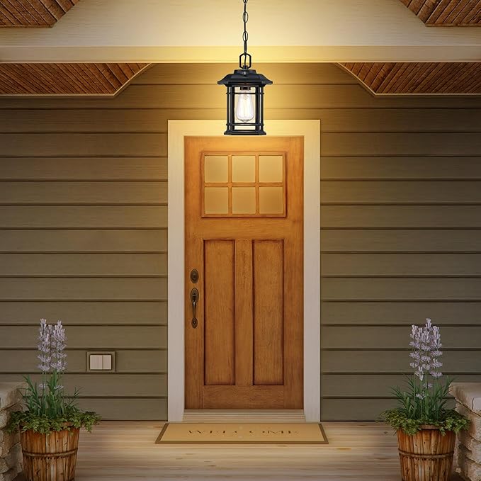 Dusk to Dawn Pendant Lights - 10.25'' Black Exterior Hanging Lanterns Farmhouse Outdoor Ceiling Light Fixture Waterproof Tempered Seed Glass Chandelier 1Pack