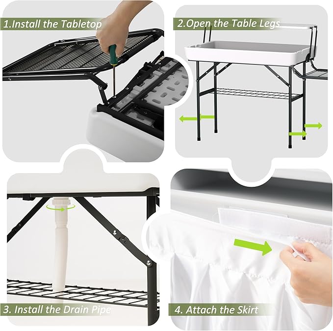Dragosum Outdoor Ice Cooler Table with Metal Side Desktop Folding Ice Table with Mesh Desktop Portable Bar Drink Cooler Desk‌ with Skirt for Camping Picnic BBQ Party (Black)