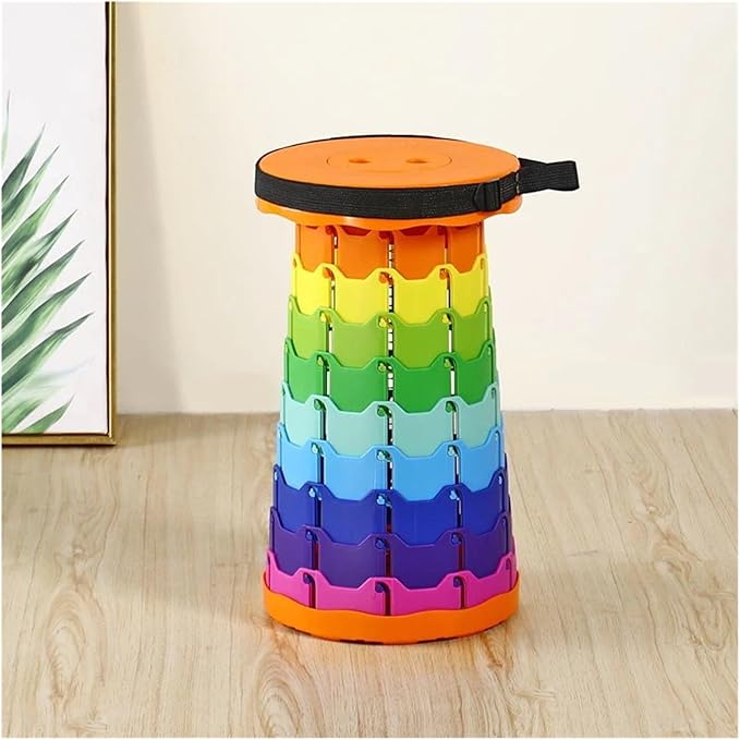 The Latest Portable Fun Casual Round Folding Chair Adjustable Plastic Fishing Stool Rainbow Telescopic Stooltool(Colorful Orange)