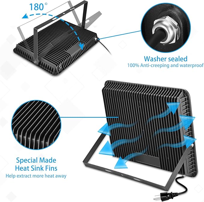 300W LED Flood Light Outdoor2000W Equivalent 5000K Daylight White Super Bright FloodLight with Plug43500LM IP66 Waterproof Commercial Lighting for Sports FieldsCountsArenaStadium