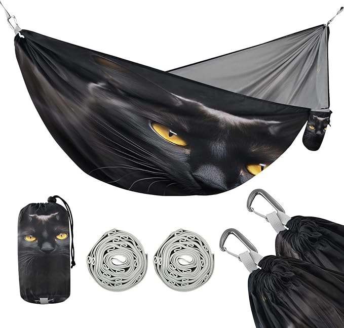 Black Cat Pattern Camping Hammock 330 lbs with 2 Tree Straps Carry Bag Single Portable Hammock for Outdoor/Indoor Hiking Beach Backpacking Travel
