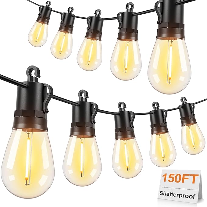 Brightever 150FT Outdoor String Lights Patio Lights with 45+2 S14 Shatterproof E12 Base LED Bulbs Outside Hanging Decorative Lights Waterproof for Porch Balcony Backyard Bistro 2700K Dimmable