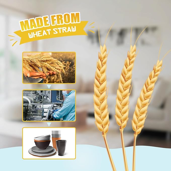Teivio 32-Piece Kitchen Plastic Wheat Straw Dinnerware Set Service for 8 Dinner Plates Dessert Plate Cereal Bowls Cups Unbreakable Plastic Outdoor Camping Dishes Smoky Brown