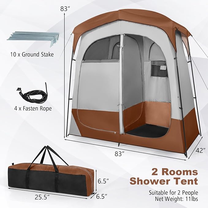 Tangkula Double Room Shower Tent Oversize Space Privacy Tent with Floor Removable Rain Fly Inside Pocket Clothesline Top Hook Portable Outdoor Changing Tent for Dressing Camping Toilet