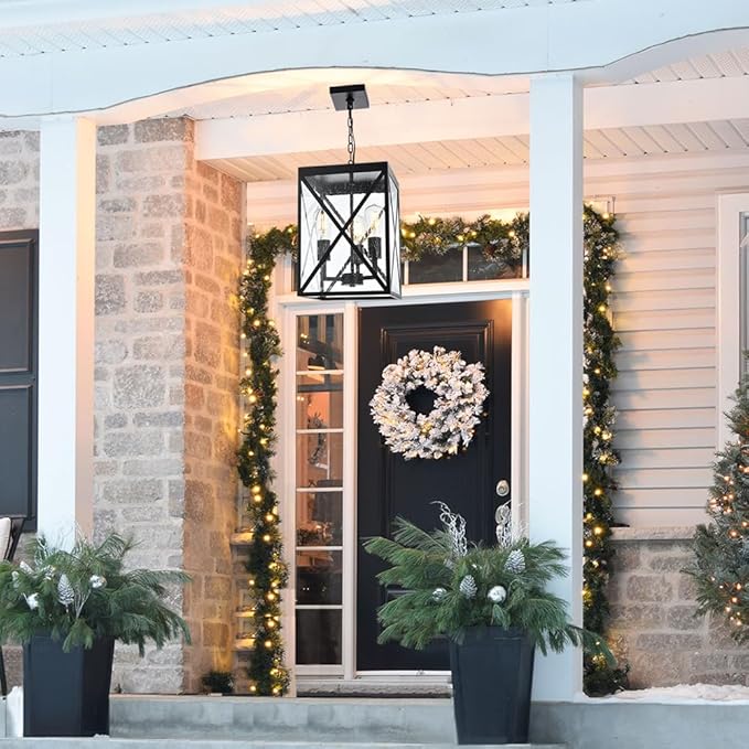 TODOLUZ Large Outdoor Pendant Light Black Exterior Ceiling Porch Light with Seeded Glass Panel Outdoor Chandelier Hanging Lantern for Garage Entryway Patio Front Door