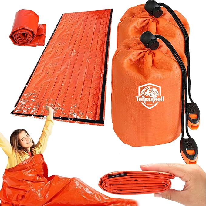 Sleeping Bag Terrashell Blanket Emergency Sleeping Bag Waterproof Compact Lightweight Extra Thick Heat Blanket Survival for Survival Kit Car Camping Gear Hiking Go (65μm) (2PCS)