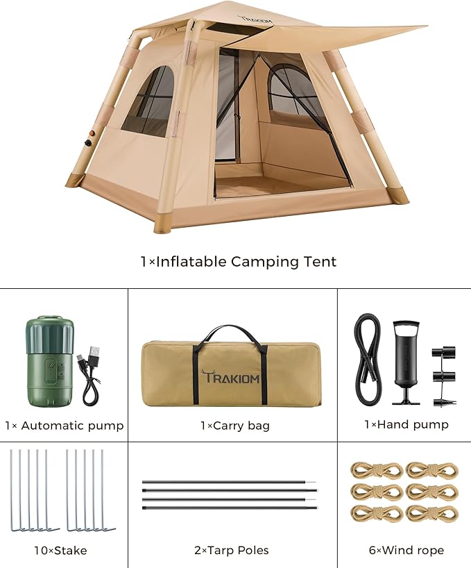 Inflatable Tents for Camping 2-4 Person Easy Set Up Camping Tent with Automatic &amp Manual Pump Waterproof Blow Up Tent for Family Outdoor