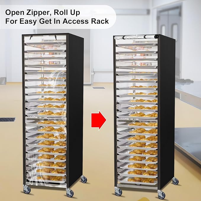 Bun Pan Sheet Rack CoverBread Speed Rack Cover with ZipperFit 20 Tier / 10 Tier Commercial Bakery Pizza Cooling Proofing with Clear Plastic Roll Top Door and Breathable Mesh Vent(20-Tier)