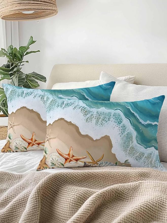 Outdoor Pillows Waterproof Coastal Beach Ocean Bedding Throw Pillows with Insert for Couch Sofa Bed Nautical Starfish Shells Conch 12x20 Inch Pillowcases Camping Patio Pillow Set of 2