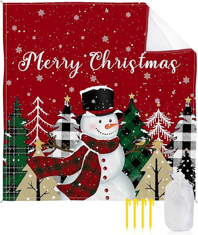 Beach Blanket Waterproof Sandproof OversizedSnowman Christmas Tree on Red Beach Mat with Corner Stakes Sand PocketsWinter Snowflake Seamless Outdoor Picnic Mat for Travel Camping Hiking 118x108In