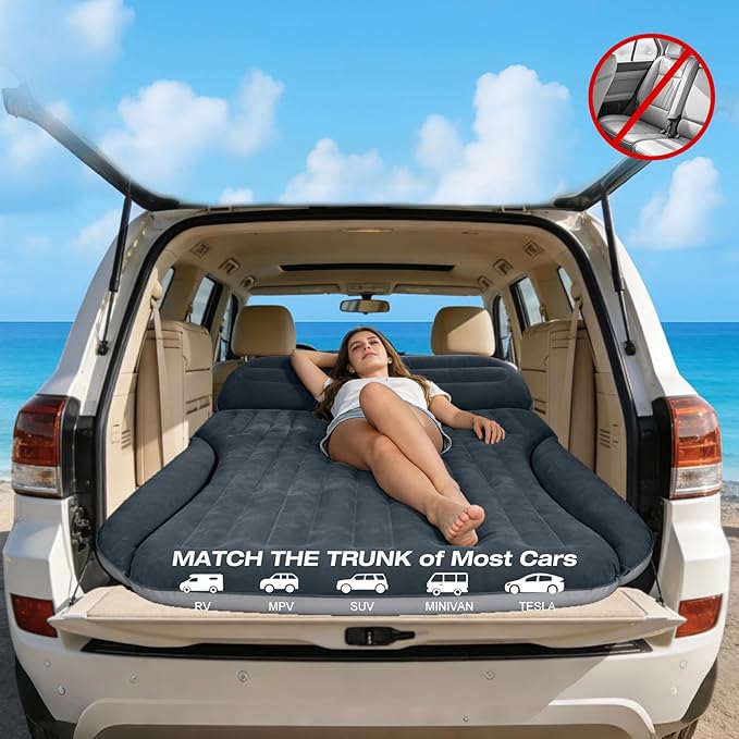 SUV Air Mattress Double-Sided Thick Flocked Car Air Mattress with Built-in Pump &amp Pillow Complete Sleeping Accessories for Auto Camping &amp Road Trips（Dark Gray）