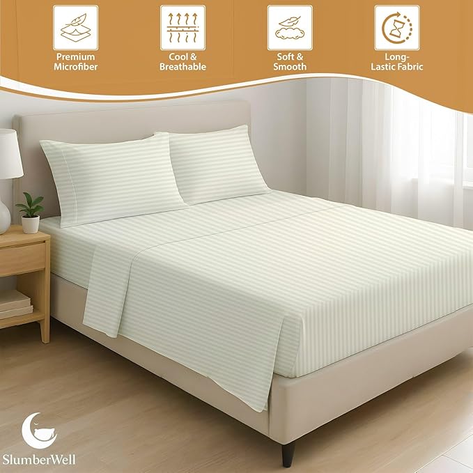 SlumberWell California King Sheet Set 4 Piece Luxury Soft Microfiber RV Camper Bedding 8 to 12 Inch Deep Pocket Sheets Fits 72x84 Mattress Ivory Stripe