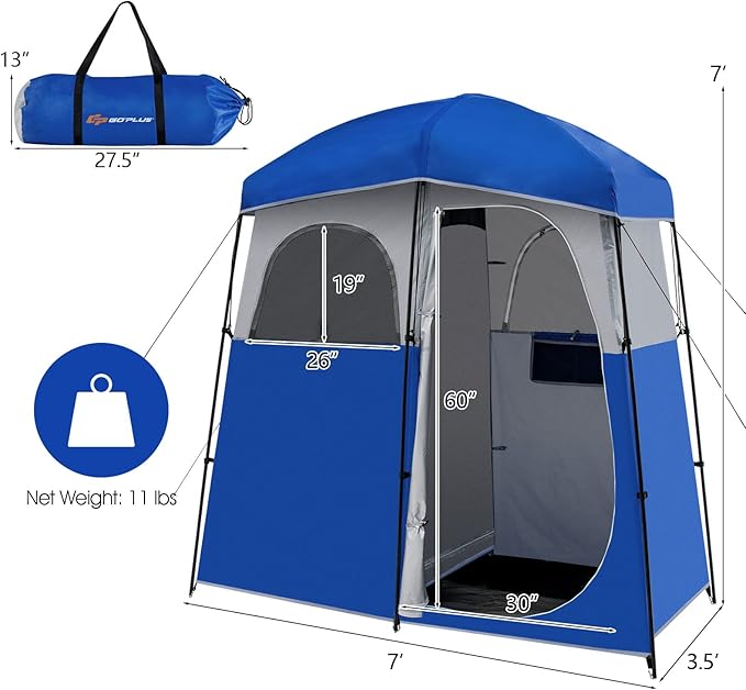 Goplus 2 Room Shower Tent Portable Camping Changing with Floor Drain Detachable Rain Fly Stakes &amp Ropes UV Protection Water Resistant Privacy for Outdoor Toilet Dressing (Blue)