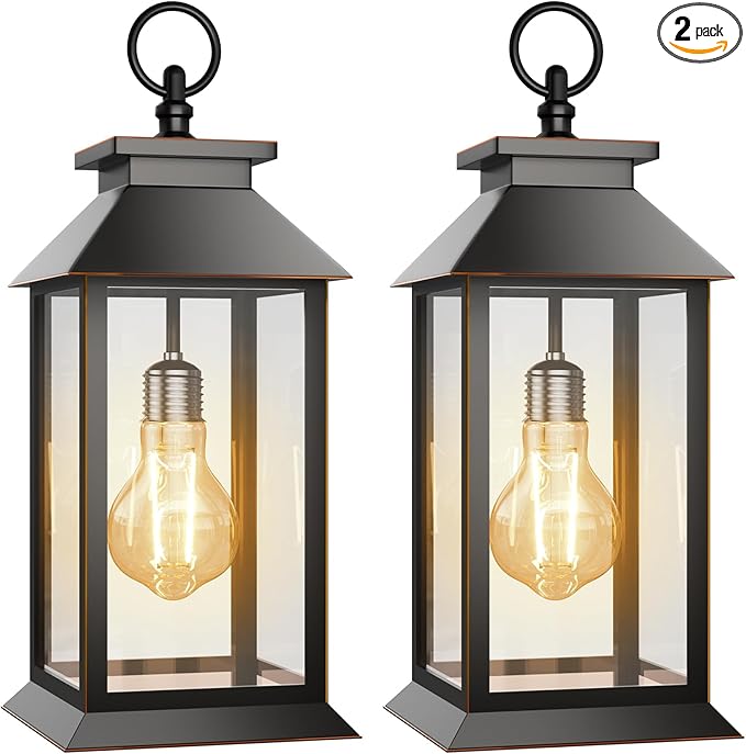2 Pack Hanging Solar Lanterns Glass Solar Lights Outdoor Waterproof Upgraded Solar and AA Battery Powered for Outside Porch Patio and Indoor Tables Mantelpiece