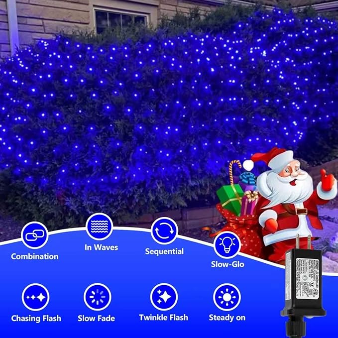 QITONG Net Lights Outdoor Mesh Lights 12ft x 5ft 360 LED Blue Christmas Light with 8 Modes Connectable Clear Wire Bush Light Plug in