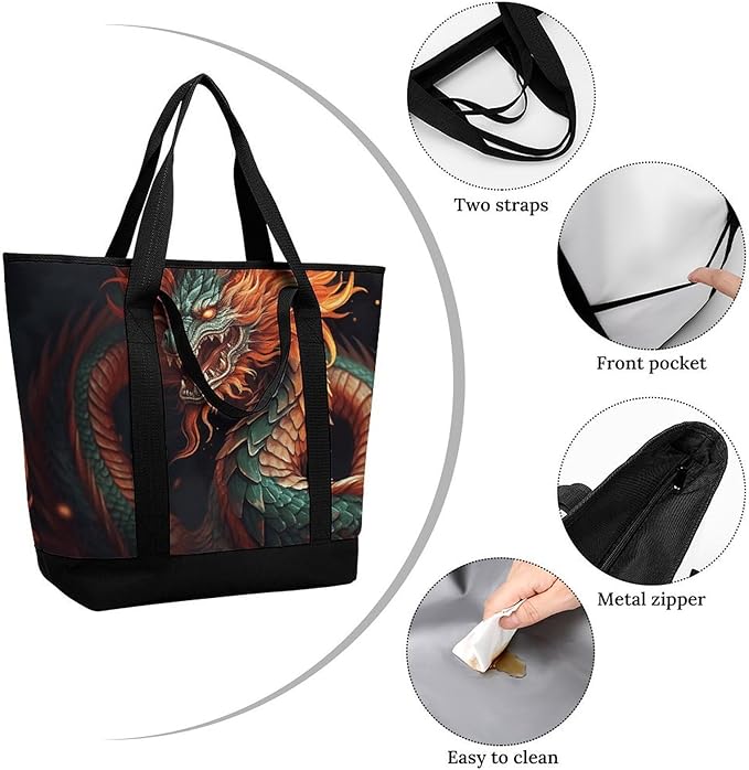 Insulated Shopping BagLarge Reusable Cooler Bags Chinese Dragon Printed Foldable Shopping BagTravel Waterproof Shoulder Bag