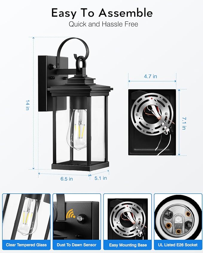 VIANIS Outdoor Wall Light Fixtures Dusk to Dawn Exterior Wall Lighting Porch Sconces Wall Mounted Lanterns with E26 Sockets Matte Black Wall Lamps for Patio Front Door Entryway 2-Pack Waterproof