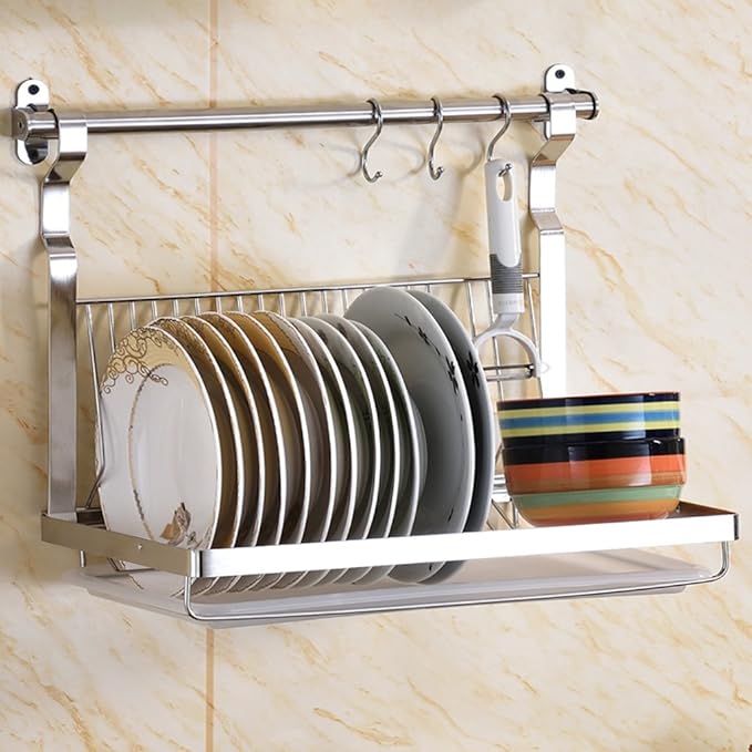Stainless Steel Wall-Mounted Kitchen Shelf Dish Rack Drainer Basket Space-Saving Kitchen nizer for Home and Restaurant Use