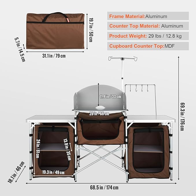 VEVOR Camping Kitchen Table Folding Outdoor Cooking Table with Storage Carrying Bag Aluminum Cook Station 3 Cupboard &amp Detachable Windscreen Quick Set-up for Picnics BBQ RV Traveling Brown