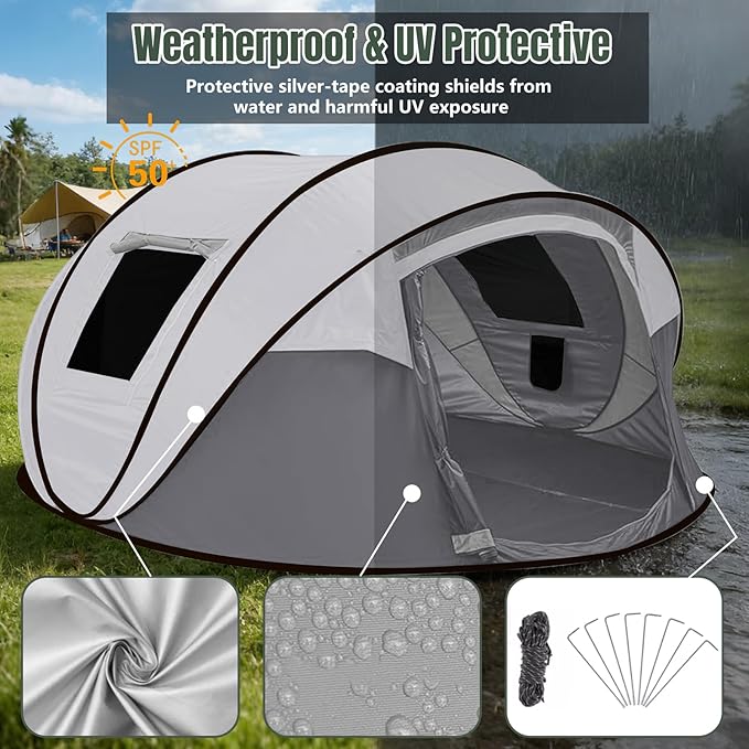 Instant Pop Up Camping Tent 4-6 Person TentsAutomatic Set Up Tent in 3 SecondsWaterproof Sunshade Family TentPortable Lightweight Dome Tent for Outdoor CampingHikingTravel &amp Beach