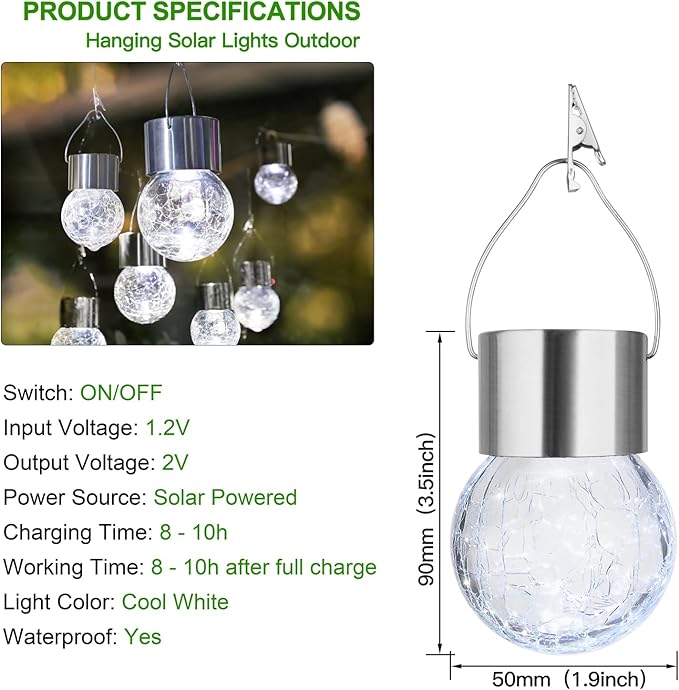 MAXvolador 12-Pack Hanging Solar Lights Decorative Cracked Glass Ball Light Solar Powered Waterproof Globe Lighting for Garden Tree(Cool White)