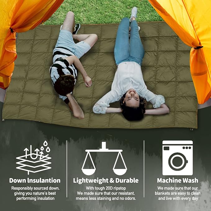 Outdoor Puffy Camping Blanket Lightweight Down Alternative Puffy Printed Camping Large Ultra Warm Hammock Top Quilt Waterproof Blanket for Traveling Picnic Beach Party Cold Weather (Olive)