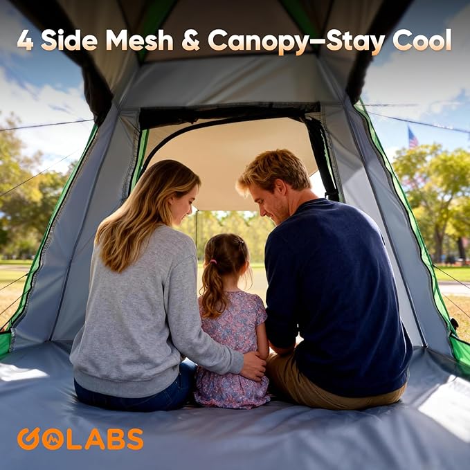 Golabs 3 Person Camping Tent w/ 9.5x8.5 ft Canopy 3-Minute Setup by Pre-Attached Pole PU1500mm Waterproof 4 Side Mesh Tent Top &amp Door &amp Ventilation Portable Family Tent w/Carry Bag &amp P