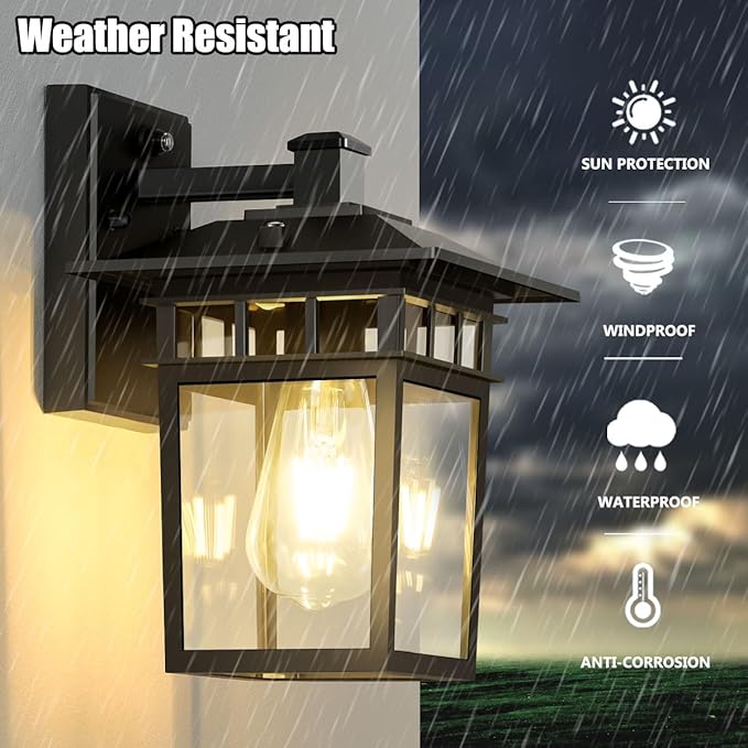 Dusk to Dawn Outdoor Wall Lights Black Porch Lights with Rust-Resistant Aluminum &amp Tempered Glass Exterior Lighting Fixtures 10.4 2-Pack for House Patio Garage Front Door