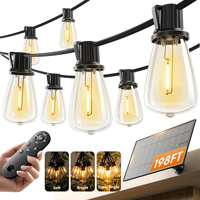 KYY 198FT(192+6) Solar String Lights Outdoor Waterproof with USB Charging &amp Remote Dimmable &amp Timable Solar Powered Patio Lights with LED Shatterproof Bulbs for Deck Backyard Porch Garden Ca