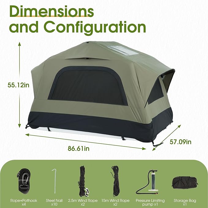 HOMEFUN Inflatable Rooftop Tent for Car Truck 2 Person Roof Tent with Waterproof 300D Fabric Windproof Design for Overlanding and Outdoor AdventureEasy to Set Up