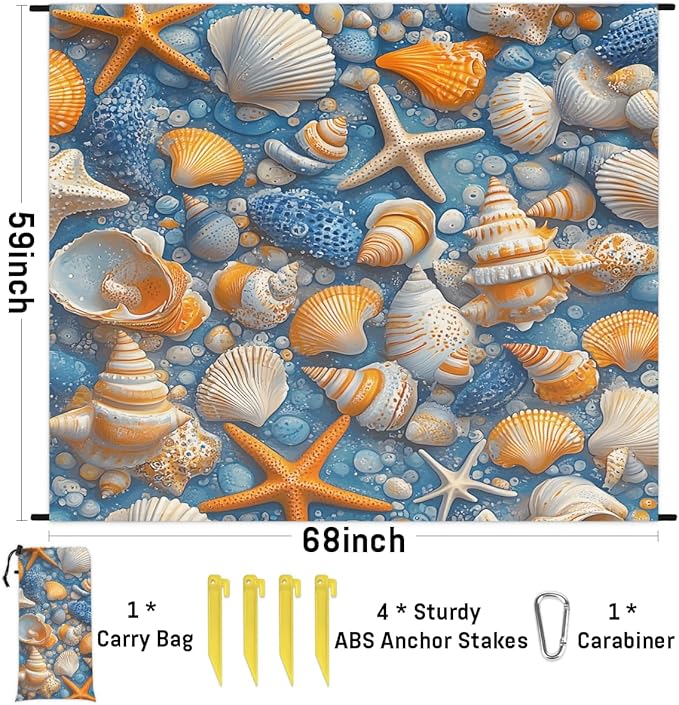 Waterproof Sandproof Beach Blanket 59''×68'' Conch Shells Polyester Outdoor Picnic Blanket with 4 Stakes &amp Storage Bag for BeachCampingVacation Oceans