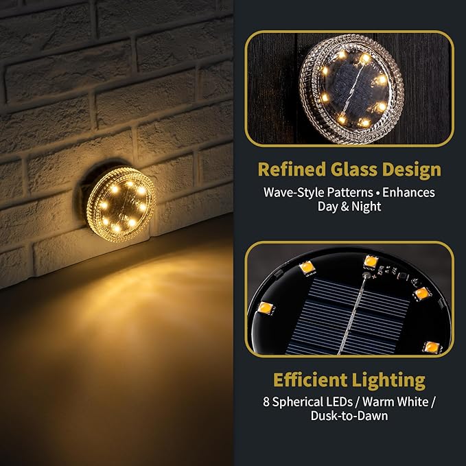 Glass Solar Step Lights with Wave Style Modular-Design Waterproof Outdoor Fence Lights for Stairs Step Yard Patio Garden Wall Pathway Decorative Patio Table Lighting Warm White (2 Pack)