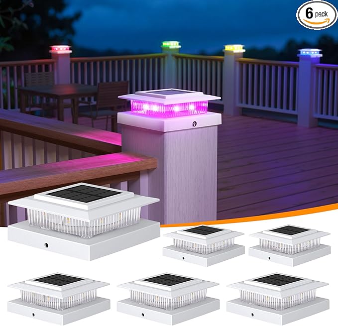 APONUO 6 Pack Solar Post Cap Lights Color Changing - 8 Solid Colors &amp Flowing Multicolor IP65 Waterproof for 4x4 Wood/Vinyl Posts Auto On/Off Deck Fence Patio Garden Lighting White