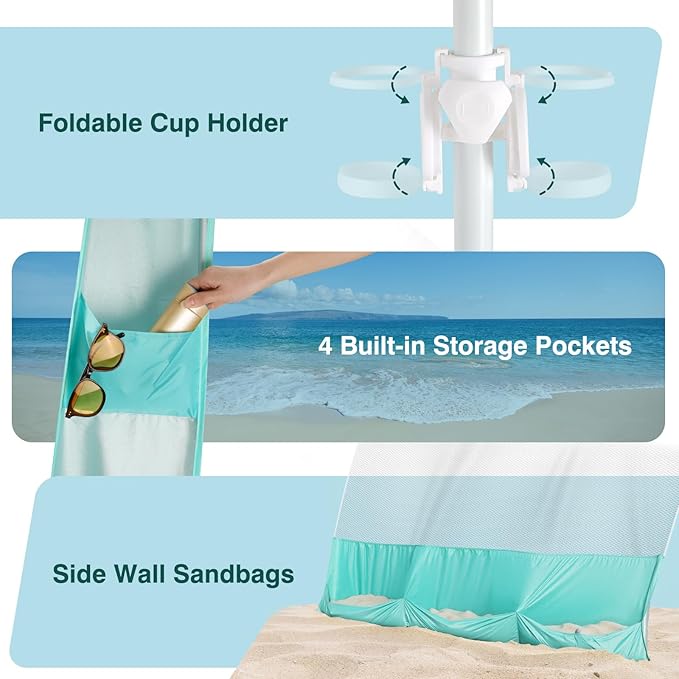 Rhino Valley Beach Cabana 8 * 8FT Beach Shade Canopy Tent UPF50+ Protection Easy Setup Wind Resistant with Cup Holder Portable Foldable Beach Tent Sun Shelter for Whole Family Turquoise Green