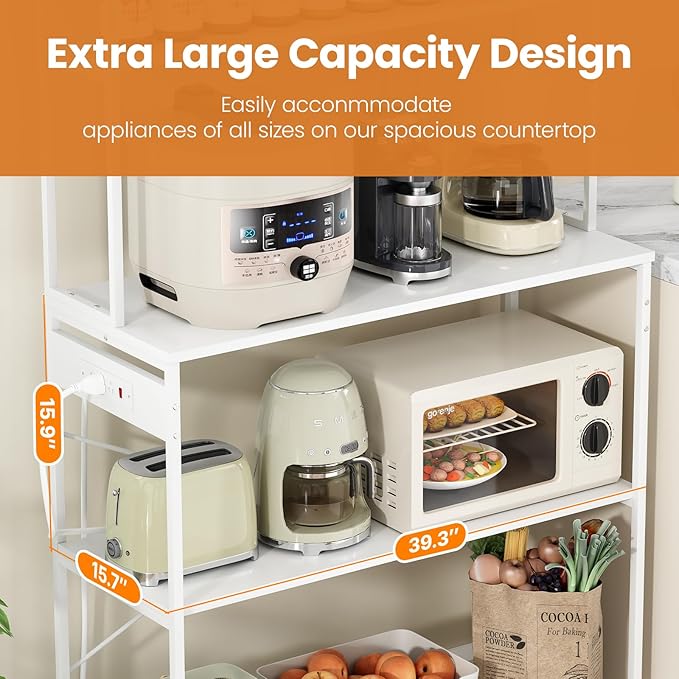 Large 5 Tier Bakers Rack with Electrical Outlets 39 Inch Microwave Stand Coffee Bar Kitchen Storage Shelf for Home Counter Space Organizer