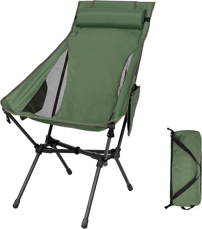 High Back Camping Chair Supports 440 lbs Portable Folding Backpacking Chair with Detachable Pillow for Camping Hiking &amp Travel(Green)