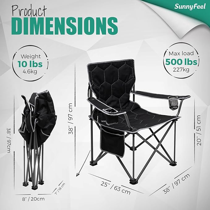 SUNNYFEEL Camping Chairs for Adults Padded Oversized Camping Chair Heavy Duty 500LBS Portable Lawn Chair with Cup Holder Side Pocket&ampBag for Outdoor Camping/Beach/Picnic/Fishing Black