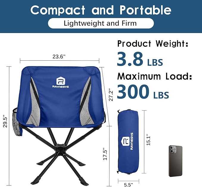Portable Camping Chair 2 Pack 8 Seconds Quick Setup Folding Camping Chair Flexible 360° Rotation 3.8Lb Lightweight Travel Chairs for Easy Carry to Hiking Sporting Beach Blue