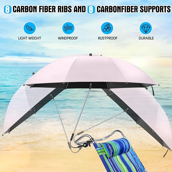 Talltalk 2 Pcs Beach Umbrella with Universal Clamp Adjustable Beach Shade UV Protection Chair Portable Outdoor Umbrella for Camping Patio Chairs Golf Carts