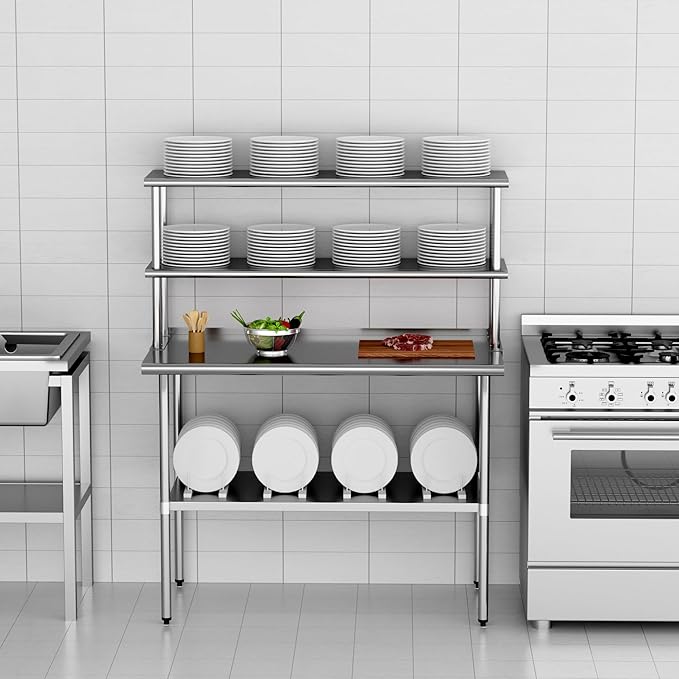 Double Overshelf 2 Tier Stainless Steel Shelf 12 x 60 Inches Weight Capacity 400 lb for Prep &amp Work Table in Restaurant Home and Kitchen