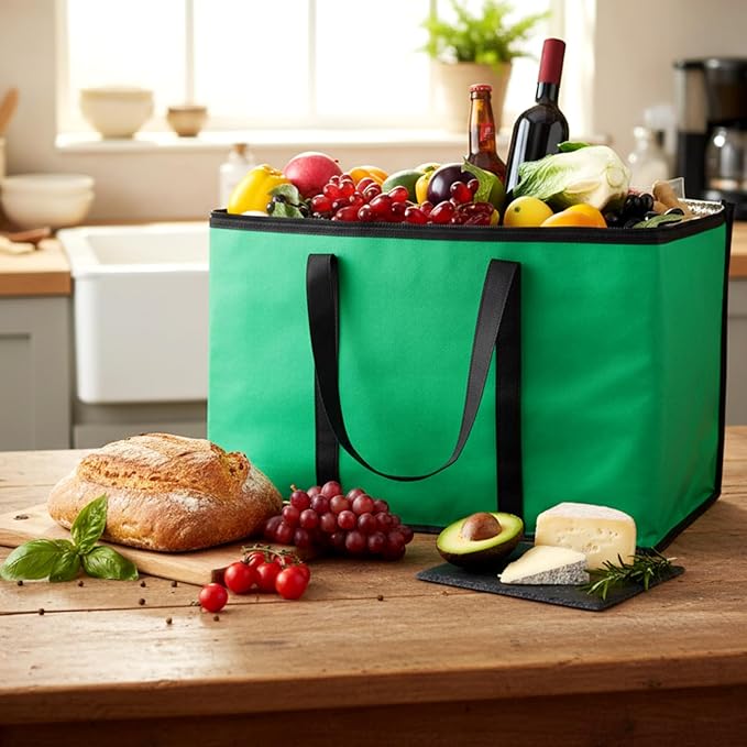 12 Pcs Large Insulated Food Delivery Bag Bulk XXXL Reusable Grocery Bags Foldable Catering Insulated Cooler Bag with Sturdy Handles for Takeout Shopping Camping Warmer/frozen(Green)
