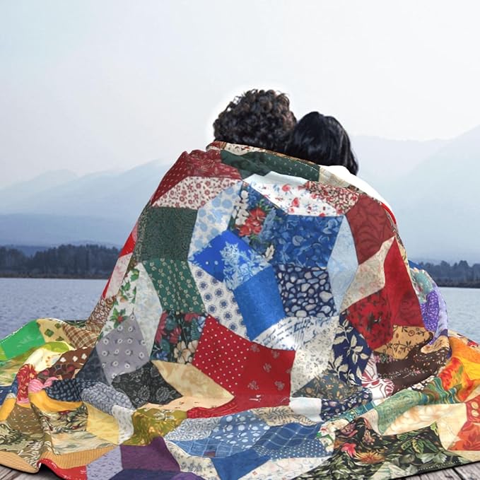 80X60 Wonky Star Quilt Lightweight Flannel Blanket - Soft and Breathable Polyester Suitable for Travel Camping and Home Decoration
