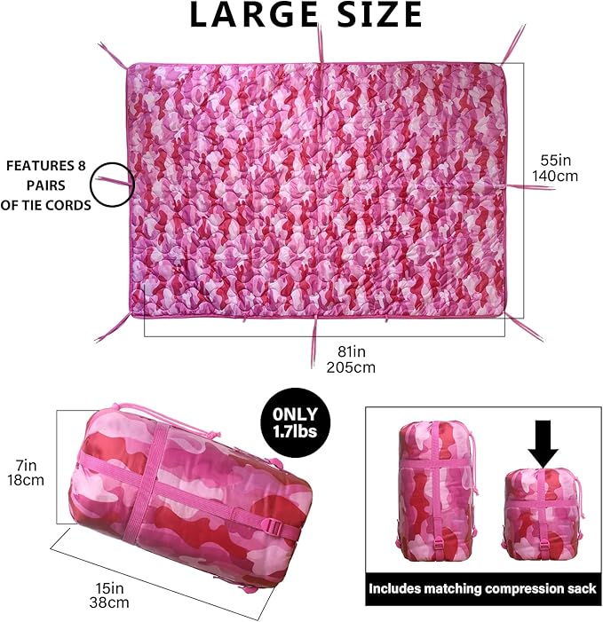 Camo Poncho Liner Army Blanket Military Sleeping Bag with A Compression Carrying Bag for Traveling Hiking Camping Outdoor Survival Car Blanket
