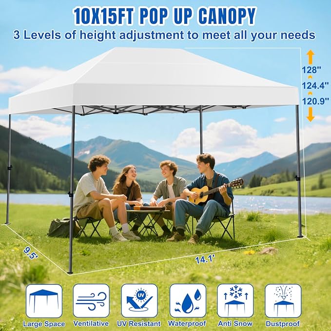 Yesker 10x15 Pop Up Canopy Tent - Instant Outdoor Canopy Easy Setup Gazebo Waterproof &amp UV Protection Large Adjustable Height Instant Sun Shelter Tents for Patio Backyard Market Party Events Wh