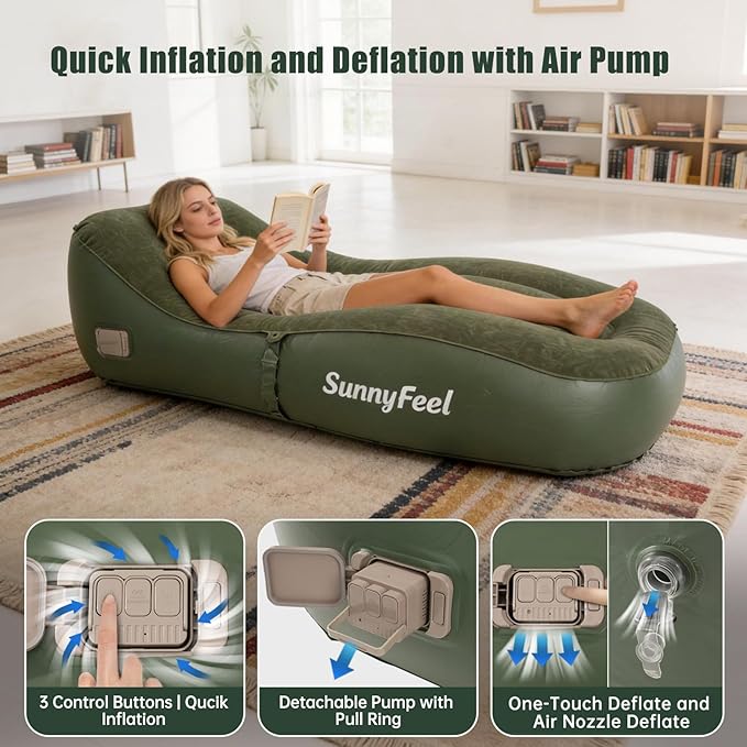 SUNNYFEEL Inflatable Lounge Chair with Built-in Pump Heavy Duty PVC Flocked Inflatable Sofa for Adults Portable Air Lounger for Camping Beach Home &amp Outdoor Army Green