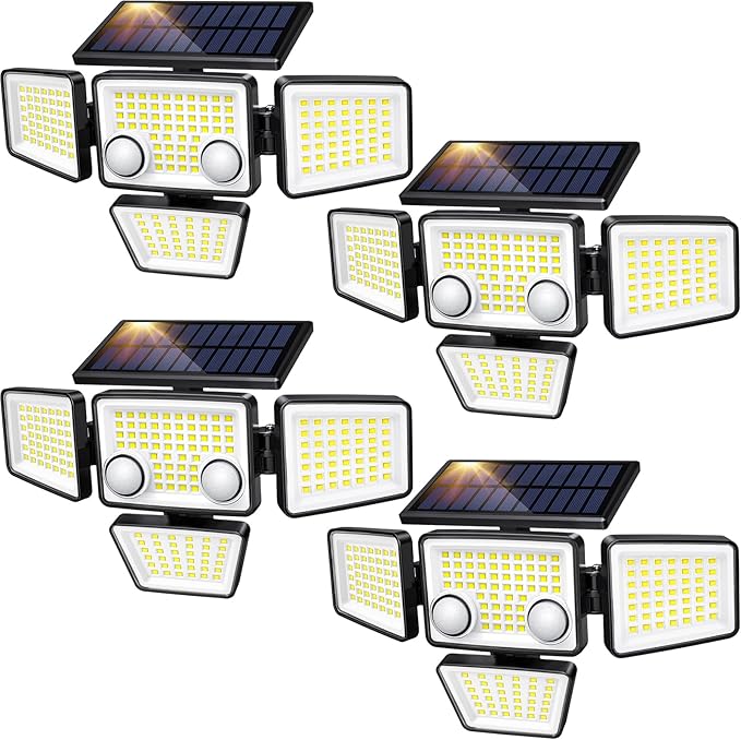 Solar Lights Outdoor - 3000LM 188 LED Motion Sensor Outdoor Lights 4 Heads IP65 Waterproof Powered Security Flood Lights 270°Wide Lighting Angle Wall Light with Sensors for Backyard (4 Pack)