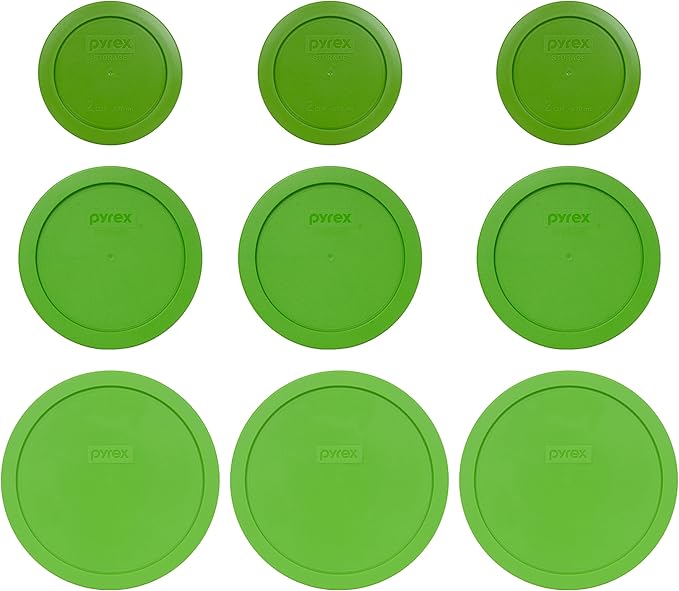 Pyrex (3) 7200-PC 2-Cup (3) 7201-PC 4-Cup &amp (3) 7402-PC 6/7-Cup Lawn Green Food Storage Replacement Lids - Made in USA