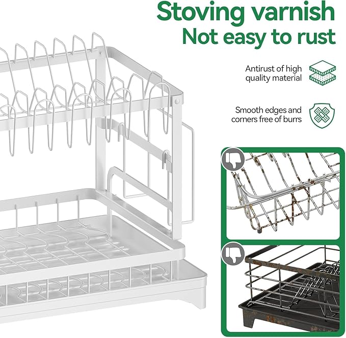 BCWW 2-Tier Dish Racks for Kitchen Counter Multifunctional Dish Drying Rack Large Capacity Metal Kitchen Dishes Drying Rack Plate Organizer for Bowls/Cups/Bottles (White)