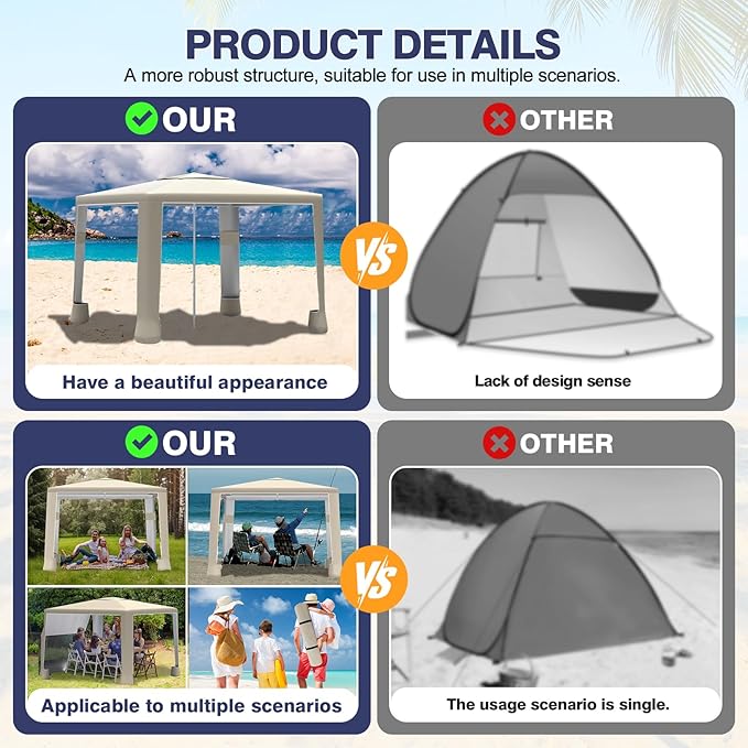 Beach Tent8'×8' Large Beach Canopy for 4-6 PeopleEasy Setup Beach Sun Shelter with UPF 50+ ProtectionAdjustable Height &amp Wind Resistant Beach Cabana for FamilyParty (Khaki - Solid)