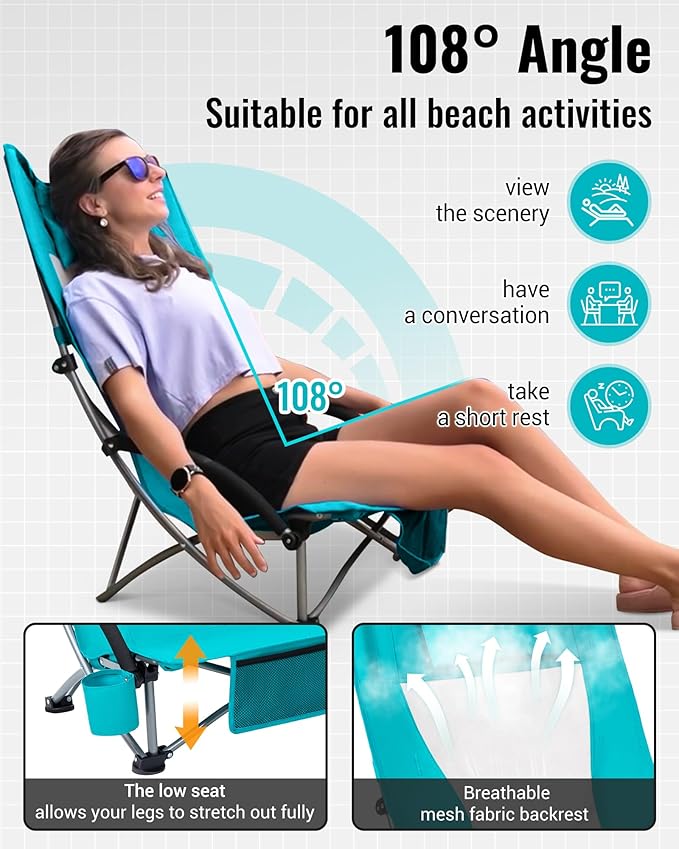 KingCamp Low Beach Chair High Back Folding Camping Chair for Adults Oversized Breathable Mesh Seat 300lbs Heavy Duty Portable Chair with Cup Holder &amp Storage Pockets for Beach Outdoor
